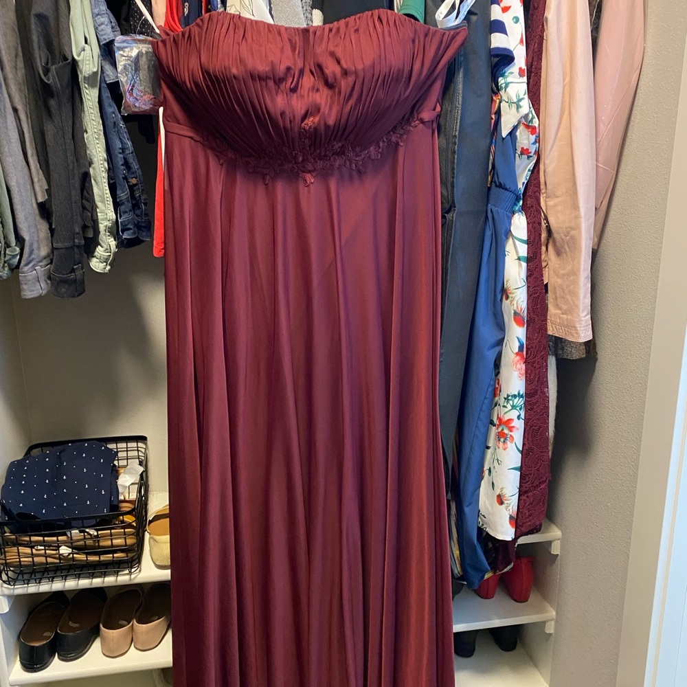 Azazie cabernet bridesmaids dress, floor length, strapless
